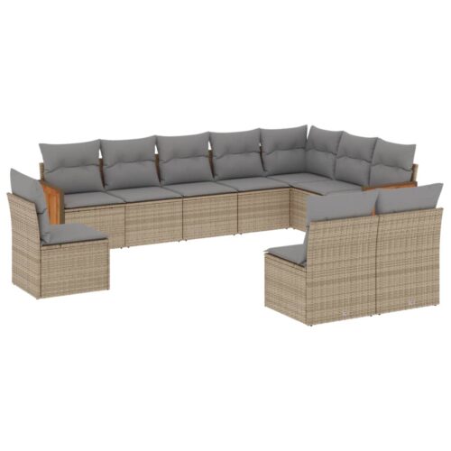 10-Piece Garden Sofa Set with Cushions Beige Poly Rattan Wicker Outdoor Patio Furniture