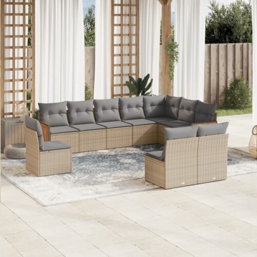 10-Piece Garden Sofa Set with Cushions Beige Poly Rattan Wicker Outdoor Patio Furniture - Image 2