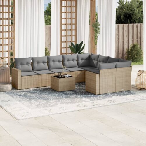 10-Piece Garden Sofa Set with Cushions Beige Poly Rattan Wicker Outdoor Patio Furniture - Image 2