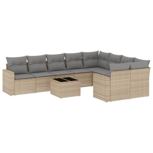 10-Piece Garden Sofa Set with Cushions Beige Poly Rattan Wicker Outdoor Patio Furniture - Image 14