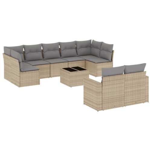 10-Piece Garden Sofa Set with Cushions Beige Poly Rattan Wicker Outdoor Patio Furniture