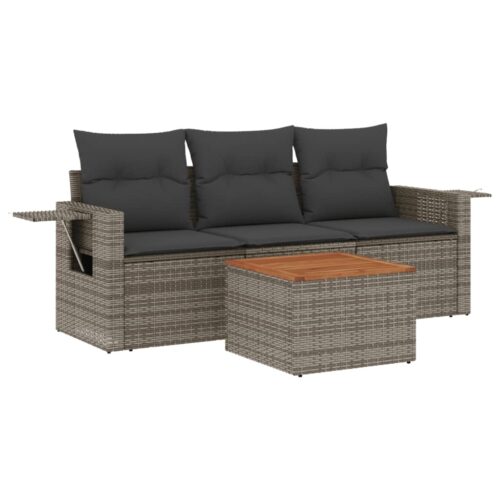 4-Piece Garden Sofa Set with Cushions Grey Poly Rattan Wicker Outdoor Patio Furniture