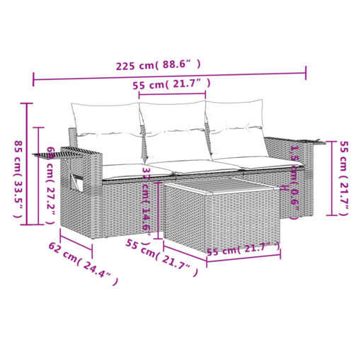 4-Piece Garden Sofa Set with Cushions Grey Poly Rattan Wicker Outdoor Patio Furniture - Image 3