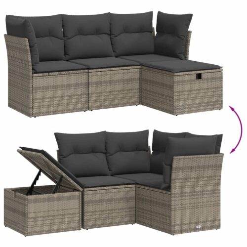 4-Piece Garden Sofa Set with Cushions Grey Poly Rattan Wicker Outdoor Patio Furniture - Image 4