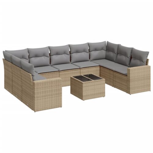 10-Piece Garden Sofa Set with Cushions Beige Poly Rattan Wicker Outdoor Patio Furniture
