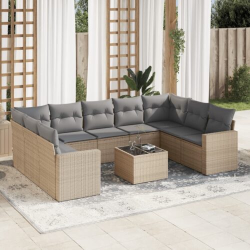 10-Piece Garden Sofa Set with Cushions Beige Poly Rattan Wicker Outdoor Patio Furniture - Image 2