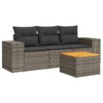 4-Piece Garden Sofa Set with Cushions Grey Poly Rattan Wicker Outdoor Patio Furniture