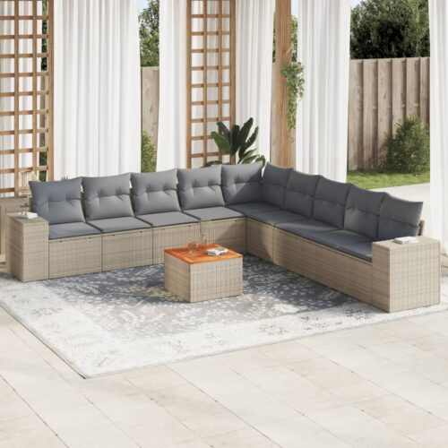 10-Piece Garden Sofa Set with Cushions Beige Poly Rattan Wicker Outdoor Patio Furniture - Image 2