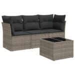 4-Piece Garden Sofa Set with Cushions Grey Poly Rattan Wicker Outdoor Patio Furniture