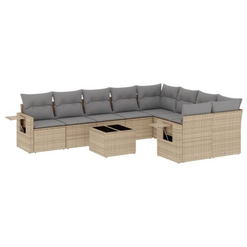 10-Piece Garden Sofa Set with Cushions Beige Poly Rattan Wicker Outdoor Patio Furniture