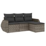 4-Piece Garden Sofa Set with Cushions Grey Poly Rattan Wicker Outdoor Patio Furniture