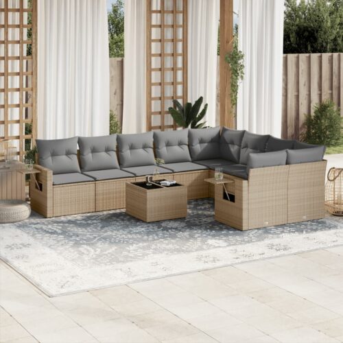 10-Piece Garden Sofa Set with Cushions Beige Poly Rattan Wicker Outdoor Patio Furniture - Image 2