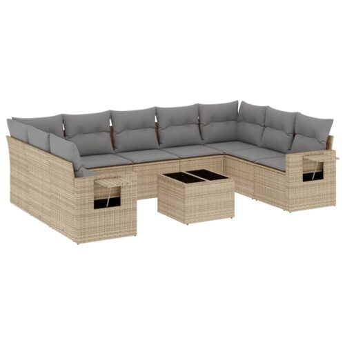 10-Piece Garden Sofa Set with Cushions Beige Poly Rattan Wicker Outdoor Patio Furniture
