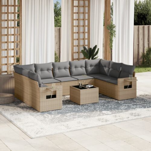 10-Piece Garden Sofa Set with Cushions Beige Poly Rattan Wicker Outdoor Patio Furniture - Image 2