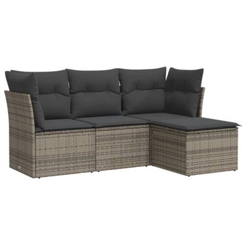 4-Piece Garden Sofa Set with Cushions Grey Poly Rattan Wicker Outdoor Patio Furniture