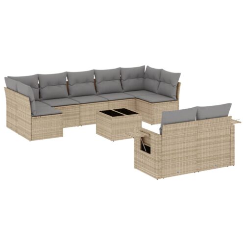 10-Piece Garden Sofa Set with Cushions Beige Poly Rattan Wicker Outdoor Patio Furniture