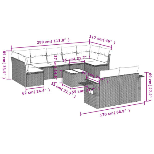 10-Piece Garden Sofa Set with Cushions Beige Poly Rattan Wicker Outdoor Patio Furniture - Image 9