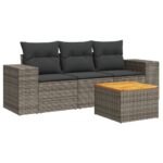 4-Piece Garden Sofa Set with Cushions Grey Poly Rattan Wicker Outdoor Patio Furniture