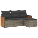 4-Piece Garden Sofa Set with Cushions Grey Poly Rattan Wicker Outdoor Patio Furniture