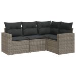 4-Piece Garden Sofa Set with Cushions Grey Poly Rattan Wicker Outdoor Patio Furniture