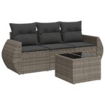 4-Piece Garden Sofa Set with Cushions Grey Poly Rattan Wicker Outdoor Patio Furniture