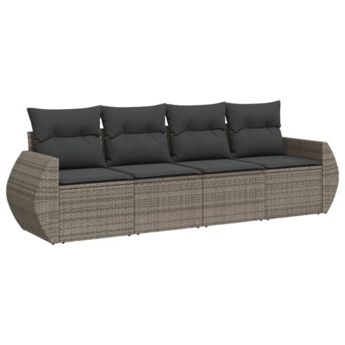 4-Piece Garden Sofa Set with Cushions Grey Poly Rattan Wicker Outdoor Patio Furniture - Image 5
