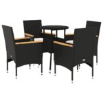 5-Piece Garden Dining Set with Cushions Black Poly Rattan Wicker Outdoor Patio Furniture Glass