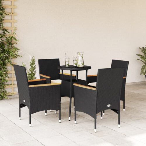 5-Piece Garden Dining Set with Cushions Black Poly Rattan Wicker Outdoor Patio Furniture Glass - Image 2