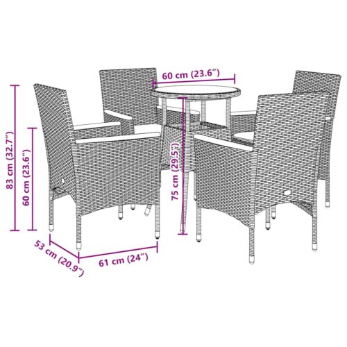 5-Piece Garden Dining Set with Cushions Black Poly Rattan Wicker Outdoor Patio Furniture Glass - Image 7