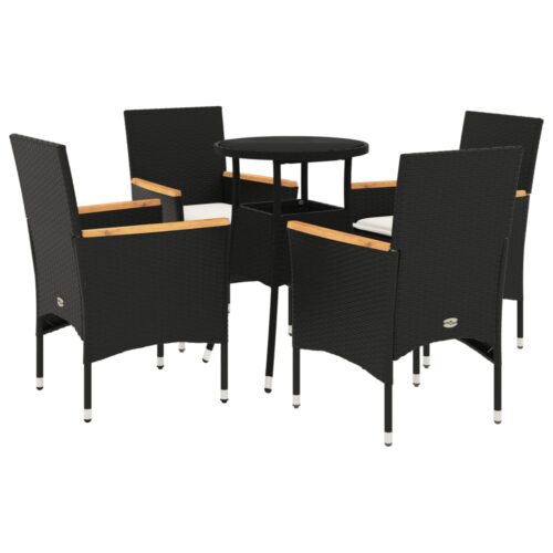 5-Piece Garden Dining Set with Cushions Black Poly Rattan Wicker Outdoor Patio Furniture Glass - Image 11