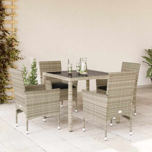 5-Piece Garden Dining Set with Cushions Light Grey Poly Rattan Wicker Outdoor Patio Furniture Glass - Image 2