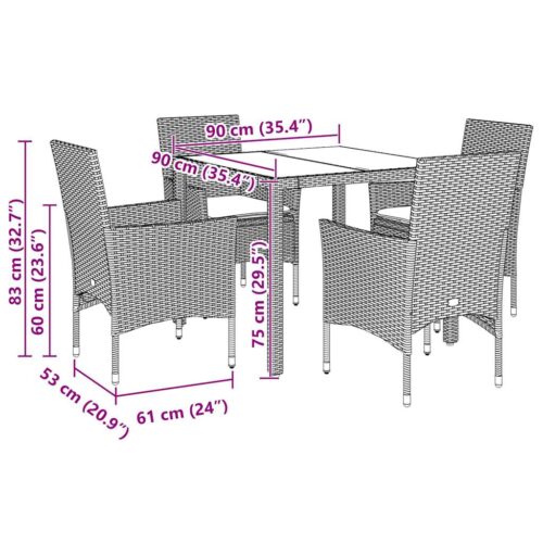 5-Piece Garden Dining Set with Cushions Light Grey Poly Rattan Wicker Outdoor Patio Furniture Glass - Image 7
