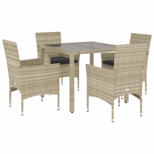 5-Piece Garden Dining Set with Cushions Light Grey Poly Rattan Wicker Outdoor Patio Furniture Glass - Image 11
