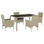 5-Piece Garden Dining Set with Cushions Light Grey Poly Rattan Wicker Outdoor Patio Furniture Glass