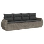 4-Piece Garden Sofa Set with Cushions Grey Poly Rattan Wicker Outdoor Patio Furniture