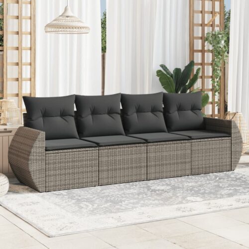 4-Piece Garden Sofa Set with Cushions Grey Poly Rattan Wicker Outdoor Patio Furniture - Image 2