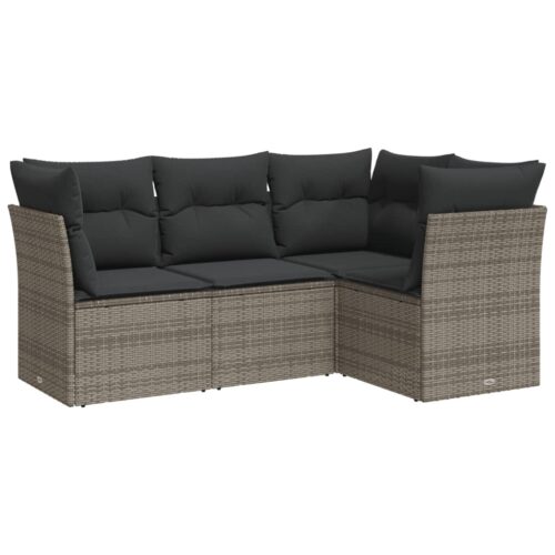 4-Piece Garden Sofa Set with Cushions Grey Poly Rattan Wicker Outdoor Patio Furniture - Image 5