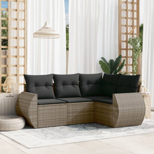 4-Piece Garden Sofa Set with Cushions Grey Poly Rattan Wicker Outdoor Patio Furniture - Image 2
