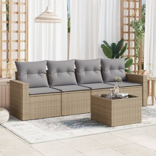 5-Piece Garden Sofa Set with Cushions Beige Poly Rattan Wicker Outdoor Patio Furniture - Image 2