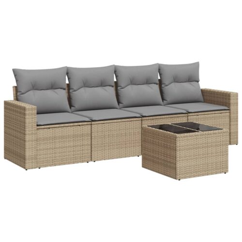 5-Piece Garden Sofa Set with Cushions Beige Poly Rattan Wicker Outdoor Patio Furniture - Image 5