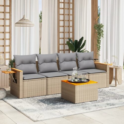 5-Piece Garden Sofa Set with Cushions Beige Poly Rattan Wicker Outdoor Patio Furniture - Image 2