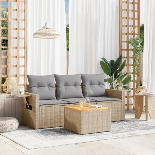 4-Piece Garden Sofa Set with Cushions Mix Beige Poly Rattan Wicker Outdoor Patio Furniture - Image 2