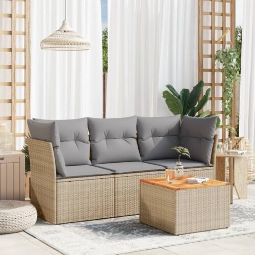 4-Piece Garden Sofa Set with Cushions Mix Beige Poly Rattan Wicker Outdoor Patio Furniture - Image 2