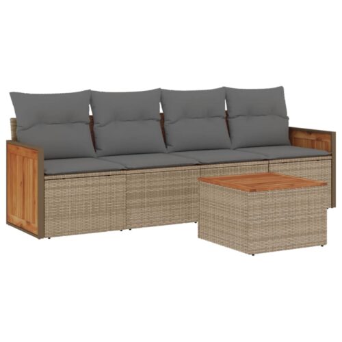5-Piece Garden Sofa Set with Cushions Beige Poly Rattan Wicker Outdoor Patio Furniture