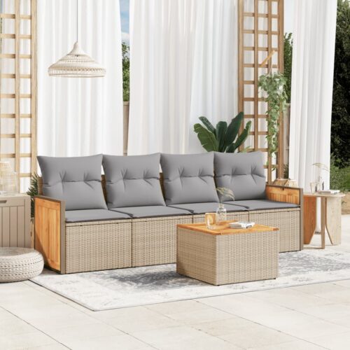 5-Piece Garden Sofa Set with Cushions Beige Poly Rattan Wicker Outdoor Patio Furniture - Image 2