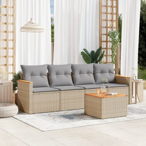 5-Piece Garden Sofa Set with Cushions Beige Poly Rattan Wicker Outdoor Patio Furniture - Image 2