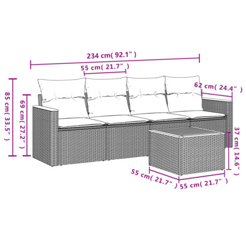 5-Piece Garden Sofa Set with Cushions Beige Poly Rattan Wicker Outdoor Patio Furniture - Image 3