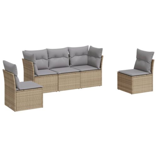 5-Piece Garden Sofa Set with Cushions Beige Poly Rattan Wicker Outdoor Patio Furniture