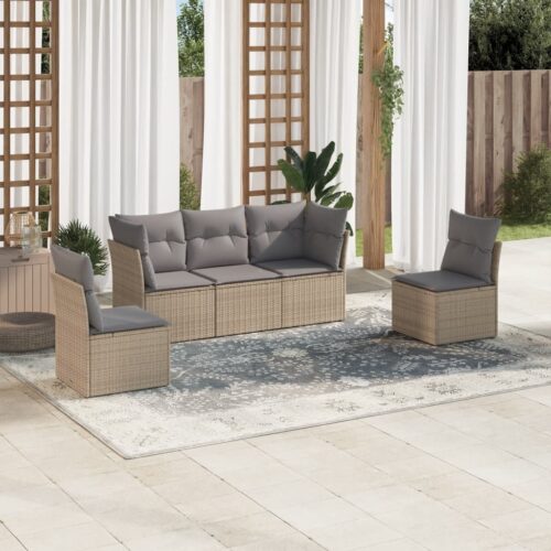 5-Piece Garden Sofa Set with Cushions Beige Poly Rattan Wicker Outdoor Patio Furniture - Image 2
