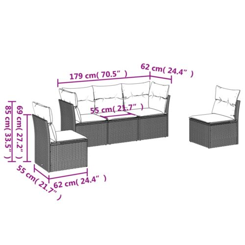 5-Piece Garden Sofa Set with Cushions Beige Poly Rattan Wicker Outdoor Patio Furniture - Image 3